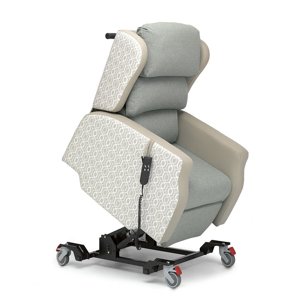 Madison Healthcare Chair with wheels, padded cushions, side panels and remote control positioning, angled front view.