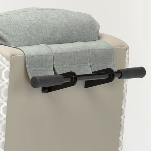 Madison Healthcare Chair with cushioned seat and black safety grab bar on armrest, front view.