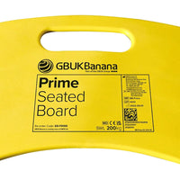 GBUK Banana Board transfer aid with handle and info label, used for seated transfers, front view.