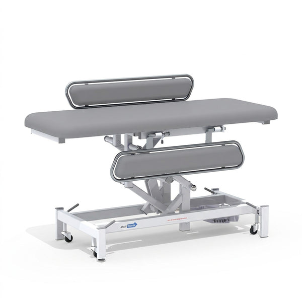 Medi-Plinth electric changing table with MRSA-resistant upholstery, side rails, wheels and padded surface, side view.