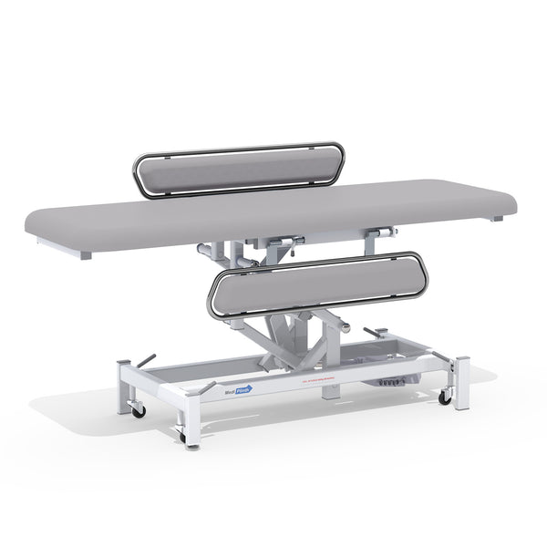 Electric changing table with side rails, MRSA-resistant upholstery and sturdy wheeled frame, front view.
