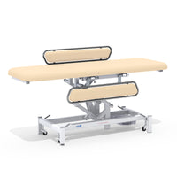 Medi-Plinth electric changing table with metallic frame and side safety rails, front view.