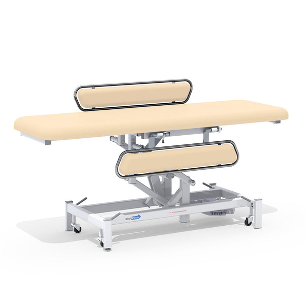 Medi-Plinth electric changing table with metallic frame and side safety rails, front view.