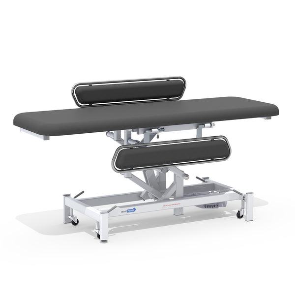 Medi-Plinth Electric Changing Table with MRSA-resistant upholstery, side rails, wheels and adjustable padding, side view.