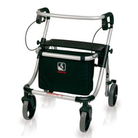 Rebotec Polo Plus-T rollator with four wheels, hand brakes and under-seat storage bag, front view.
