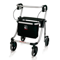 Rebotec Polo Plus-T four-wheel rollator with front storage bag, lightweight design, front view.