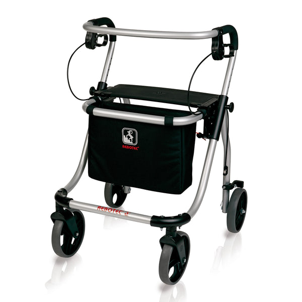Rebotec Polo Plus-T four-wheel rollator with front storage bag, lightweight design, front view.