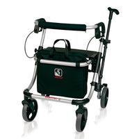 Black aluminium rollator with two large front wheels and a black storage bag, front view.