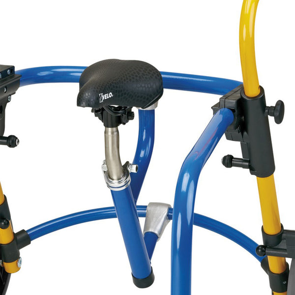 Rebotec Pluto childrens reverse walker in blue and yellow, height adjustable with black bicycle seat, close-up view.