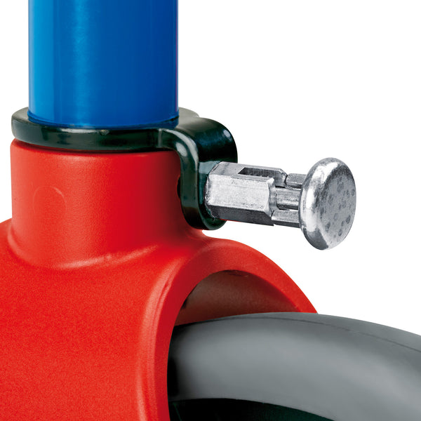 Metal locking pin on Rebotec Pluto Childrens Reverse Walker frame above grey wheel, close-up view.