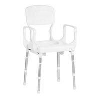 Rebotec Lyon Modular Commode Chair with armrests, backrest and drainage holes, front view.