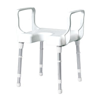 White height-adjustable shower stool with armrests, front view.