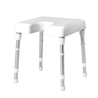 Rebotec Monaco shower stool with height-adjustable metal legs and U-shaped cutout, front view.