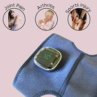 Lifemax 3 in 1 heated vibration massager, wearable fabric wrap showing icons for arthritis, sports injury and joint pain relief, front view.