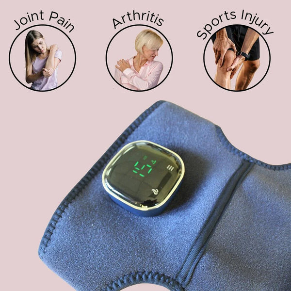 Lifemax 3 in 1 heated vibration massager, wearable fabric wrap showing icons for arthritis, sports injury and joint pain relief, front view.
