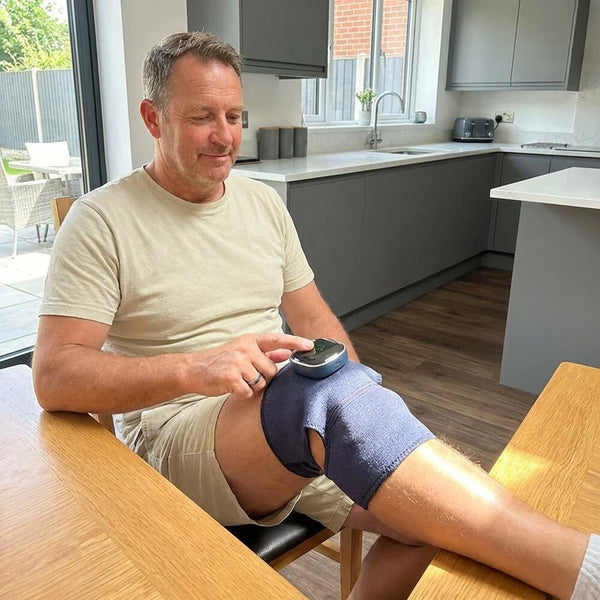 Lifemax 3 in 1 Heated Vibration Massager on a mans knee at a kitchen table, supported by a fabric wrap, in use.
