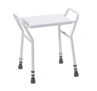 Drive Bosworth shower bench with armrests, non-slip feet and adjustable legs, white seat, front view.