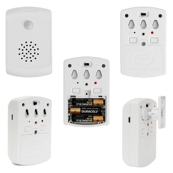 Talking PIR Motion Sensor Pro with speaker, buttons, wall-mount bracket and battery compartment, multiple views.