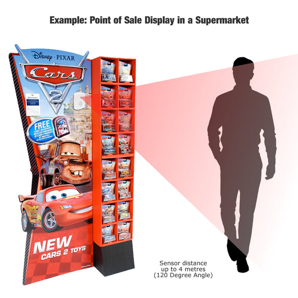 Talking Products Talking PIR Motion Sensor Pro for Disney Pixar Cars 2 toy displays, detects movement up to 4 metres, front angle view.