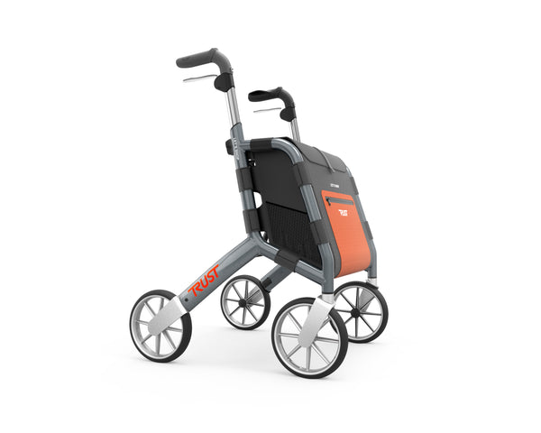 Black Trust Care Let’s Shop rollator with shopping bag, lightweight frame, black and orange details, front view.