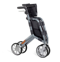 Grey Let’s Shop rollator with four large wheels, black handles, folding frame, front view.