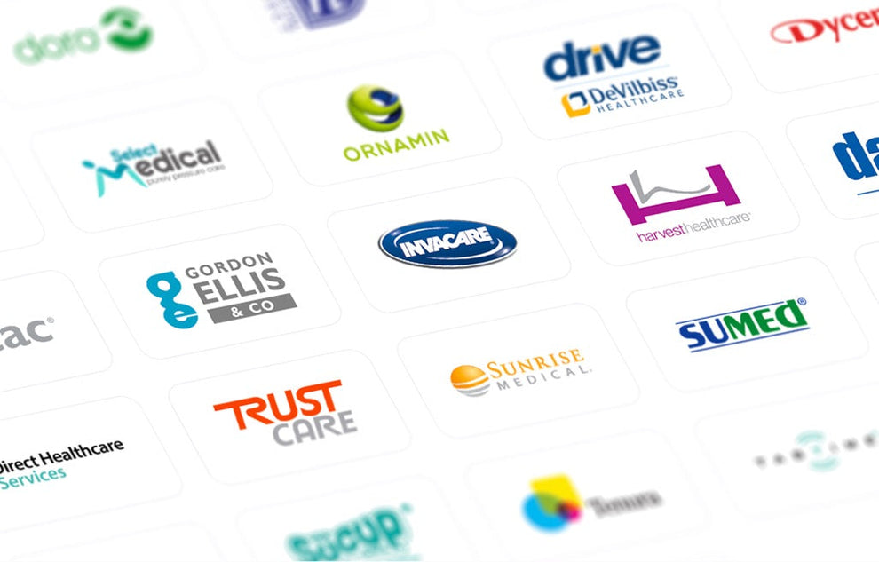 A representation of the wide arrange of brands available from Manage At Home including Drive DeVilbiss Healthcare, Invacare, Gordon Ellis and Trust Care.