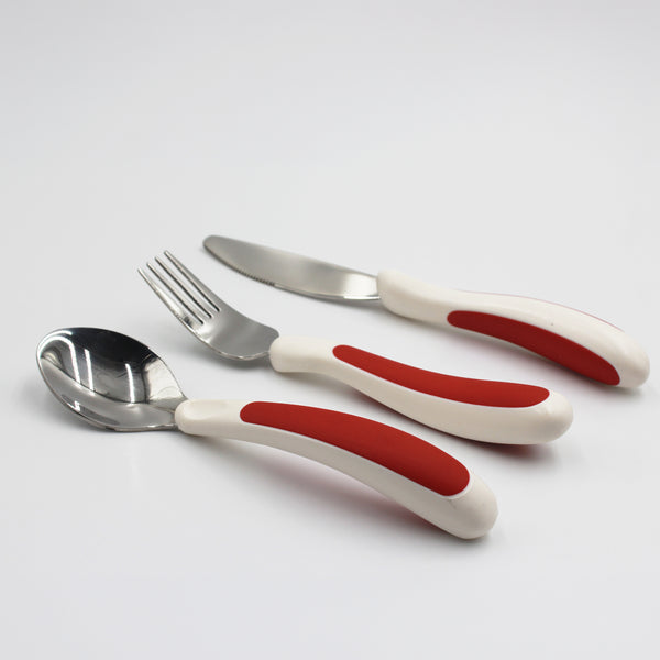NRS Kura Care Adult Cutlery Set designed for easier grip, resting on a white surface, top view.