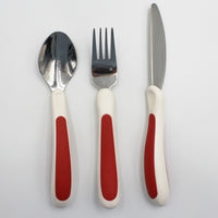 NRS Kura Care Adult Cutlery Set with ergonomic handles side by side on white background, top view.