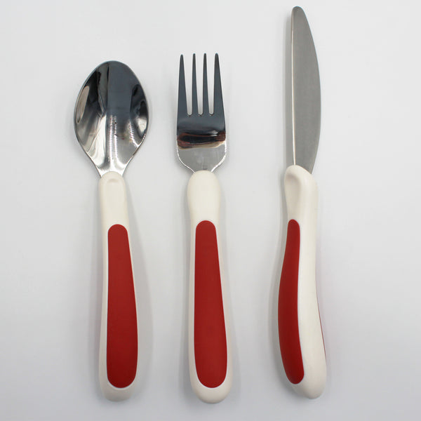 NRS Kura Care Adult Cutlery Set with ergonomic handles side by side on white background, top view.
