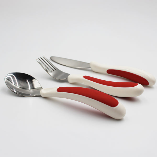 NRS Kura Care Adult Cutlery Set with easy-grip ergonomic handles, includes spoon, fork and knife, front view.