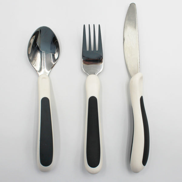 NRS Kura Care Adult Cutlery Set, ergonomic utensils arranged on a white surface, top view.