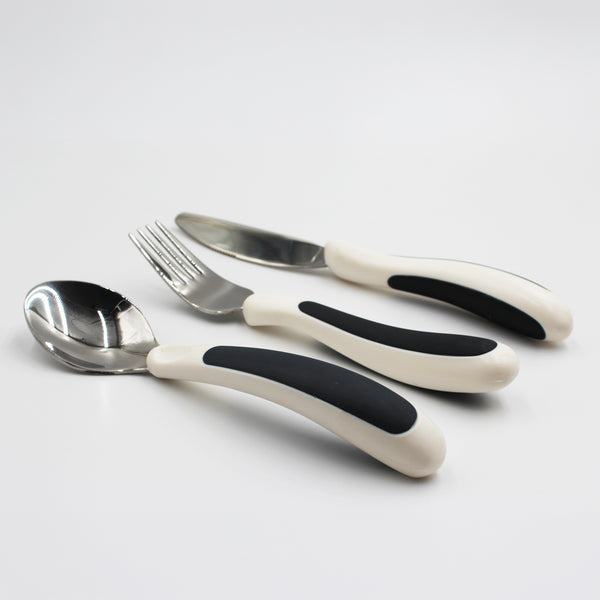 NRS Kura Care Adult Cutlery Set with ergonomic spoon, fork and knife on a white surface, top view.