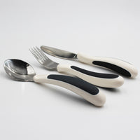 NRS Kura Care Adult Cutlery Set with curved handles on a white surface, front view.
