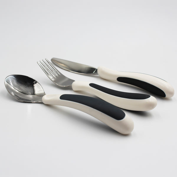 NRS Kura Care Adult Cutlery Set with curved handles on a white surface, front view.