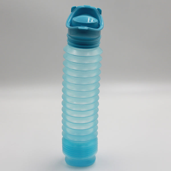 Buckingham Uriwell Unisex Urinal, collapsible plastic with ridged body and closed flip-top lid, upright on plain background, front view.