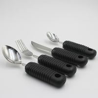 Homecraft Sure Grip Bendable Utensils set with 2 spoons, 1 fork, 1 knife, ergonomic handles, front view.