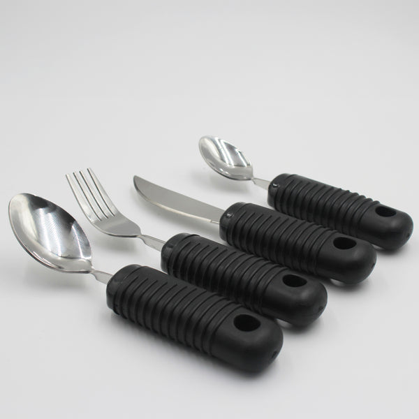 Homecraft Sure Grip Bendable Utensils set with 2 spoons, 1 fork, 1 knife, ergonomic handles, front view.
