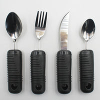 Homecraft Sure Grip Bendable Utensils with large textured handles, four arranged side by side, white background, front view.