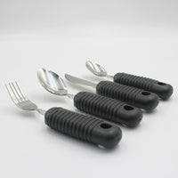 Homecraft Sure Grip Bendable Utensils set including fork, knife and two spoons with ridged handles, displayed side by side, top view.