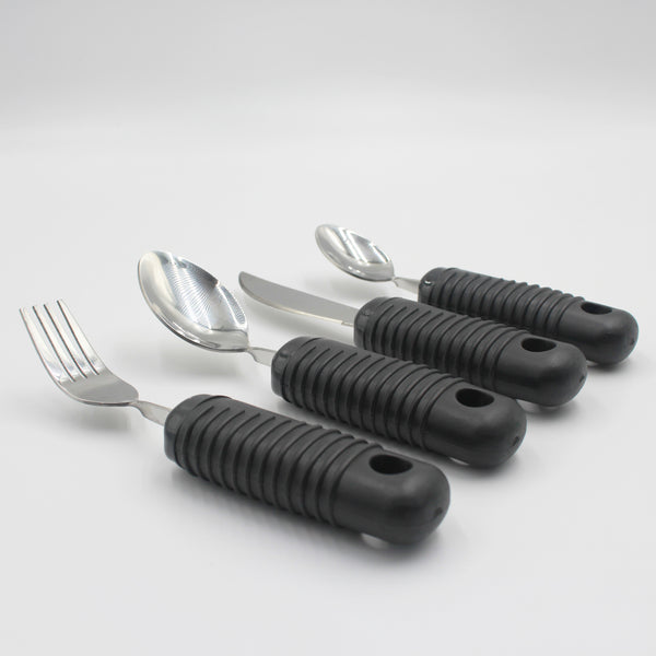 Homecraft Sure Grip Bendable Utensils set including fork, knife and two spoons with ridged handles, displayed side by side, top view.
