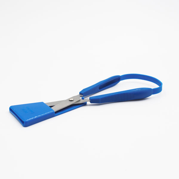 Easi-Grip Scissors 75mm with pointed blades, plastic grip and blade cover, shown side view.
