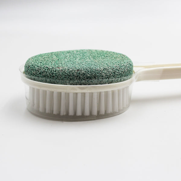 Helping Hand Foot Scrub Brush With Pumice, bristles and pumice side by side, displayed on white background, top view.