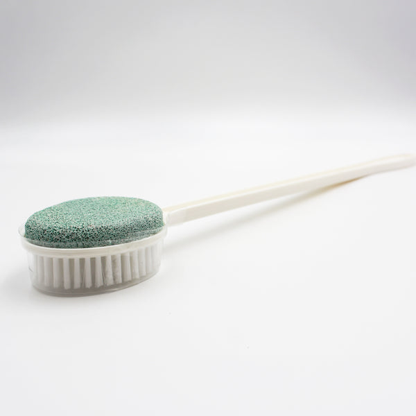 Helping Hand Foot Scrub Brush With Pumice, handle and bristles with pumice top, plain background, front view.