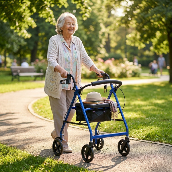 Elderly woman walking with NRS A-Series Rollator on a sunny park path, grass and trees in background, in use view.