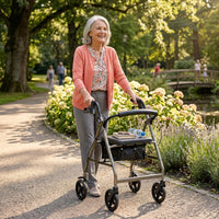 Elderly woman using NRS A-Series Rollator walking outdoors in a park, greenery and flowers in background, in use view.
