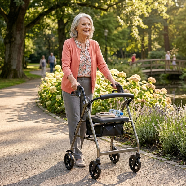 Elderly woman using NRS A-Series Rollator walking outdoors in a park, greenery and flowers in background, in use view.