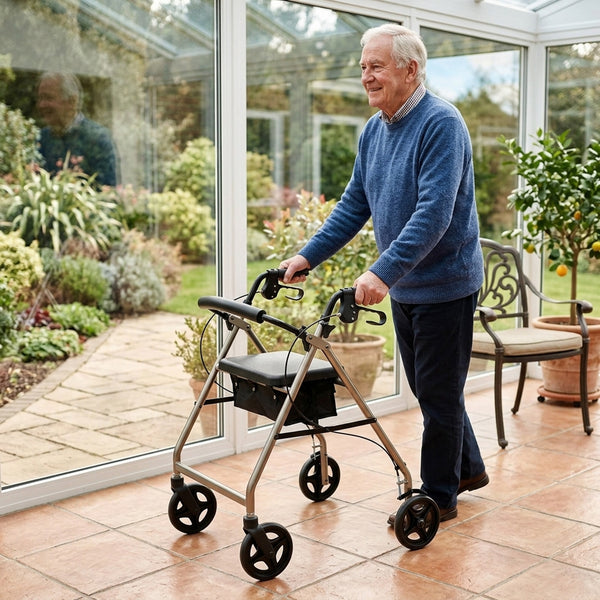Man using NRS A-Series Tall Rollator indoors by large windows with garden and plants in background, in use view.
