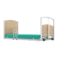 Bed lever attached to low wood-effect hospital bed with mattress, side rail and wheels, designed for safe transfers, side view.
