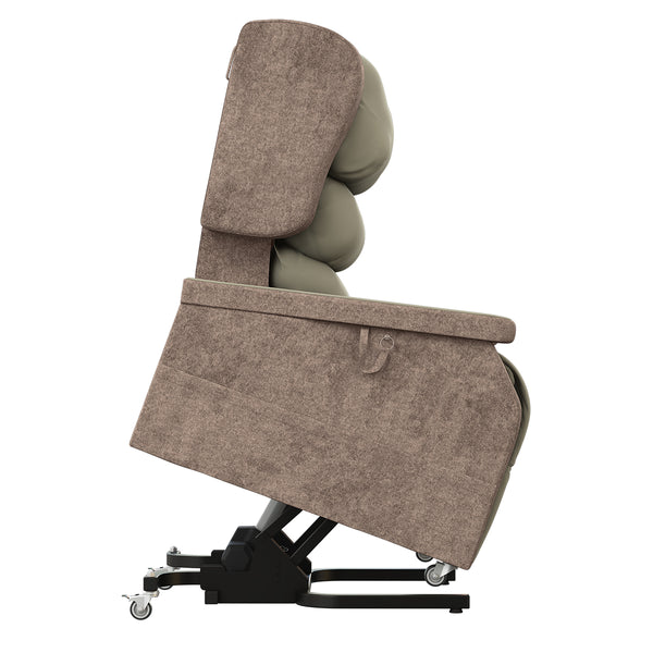 Accora Configura Comfort Chair in brown and beige with wheels, adjustable base, and pressure-reducing fabric side view.