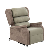 Tan cushioned chair with brown fabric sides, armrests, and small wheels for mobility, front view.